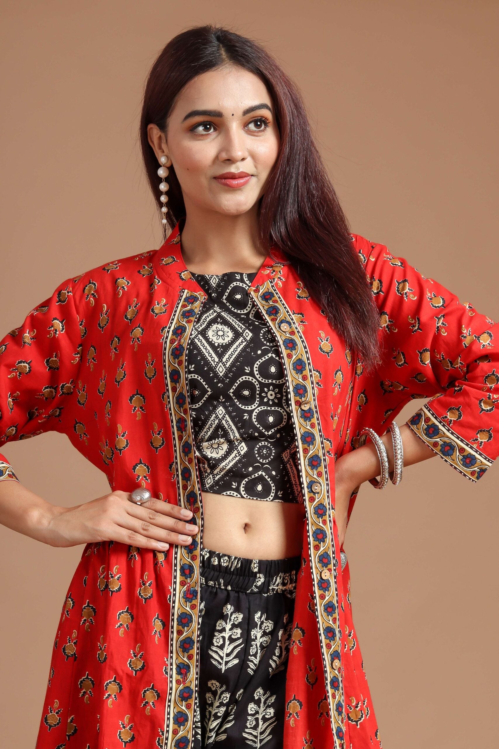 Women’s Printed Long Shrug with Crop Top & Floral Pant Set